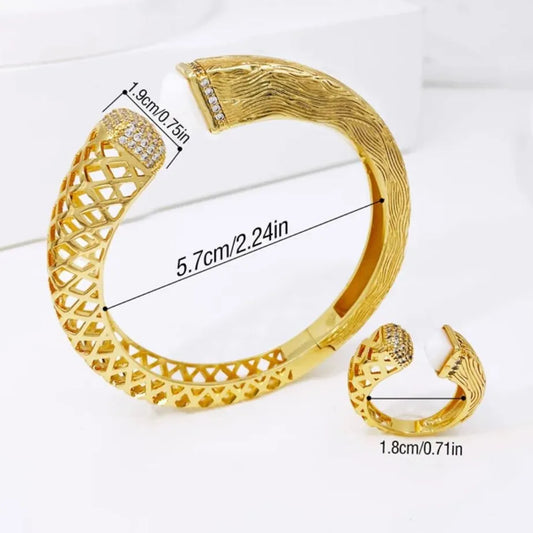 Emerald green stone cuff bangle and ring made in 18 karat gold plating with high grade Swarovski crystals and synthetic emerald stone