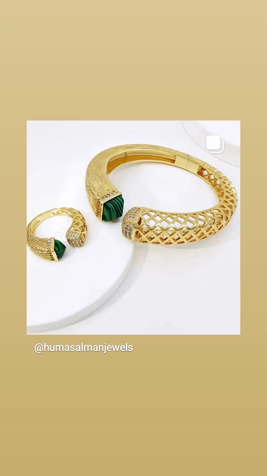 Emerald green stone cuff bangle and ring made in 18 karat gold plating with high grade Swarovski crystals and synthetic emerald stone