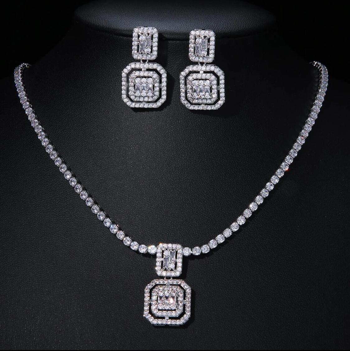 Austrian Square Cubic Zirconia Necklace with Earrings
