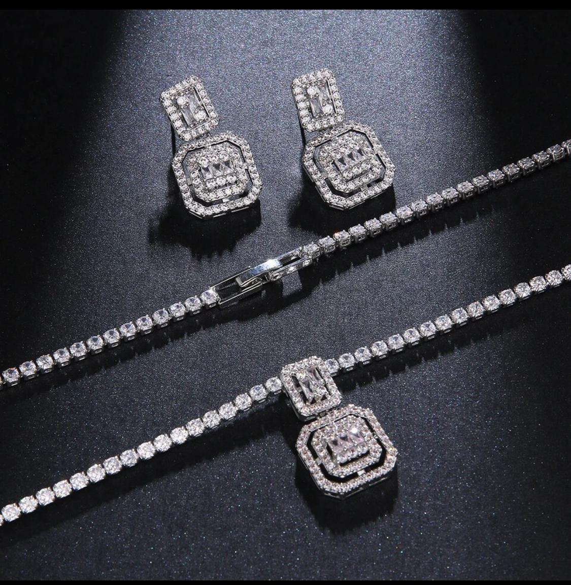 Austrian Square Cubic Zirconia Necklace with Earrings