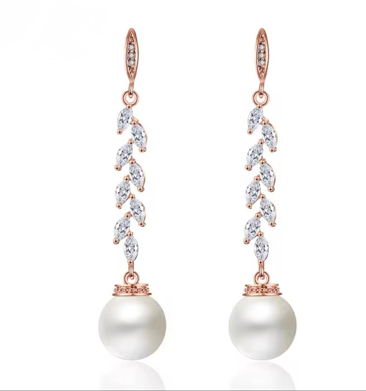 Pearl drop long earrings Rose Gold