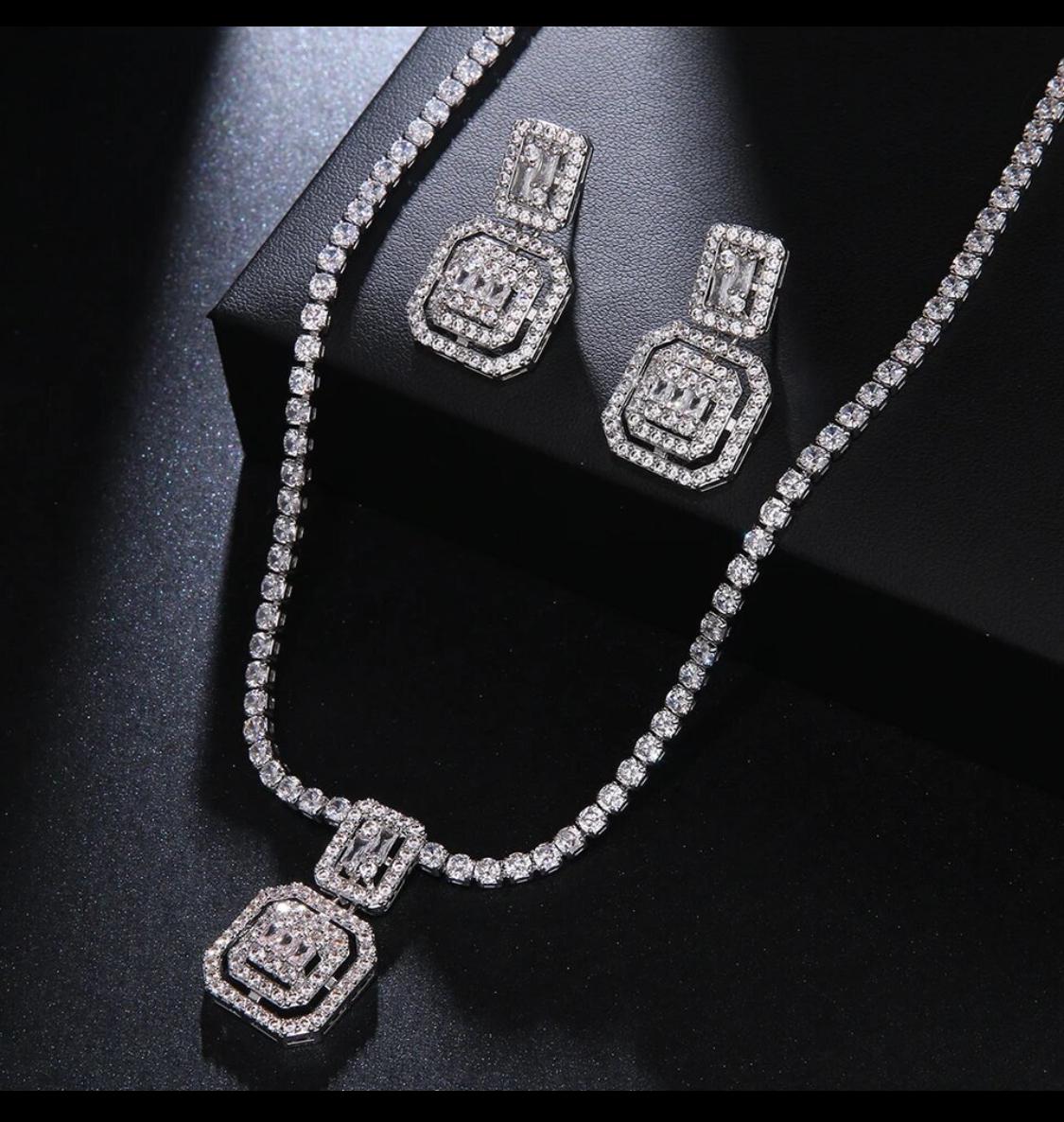 Austrian Square Cubic Zirconia Necklace with Earrings