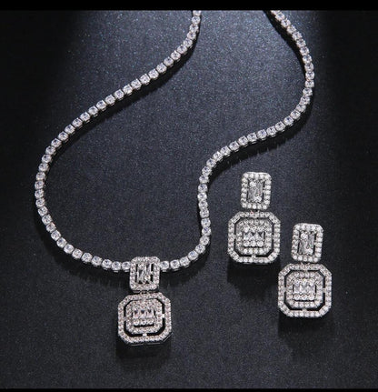 Austrian Square Cubic Zirconia Necklace with Earrings