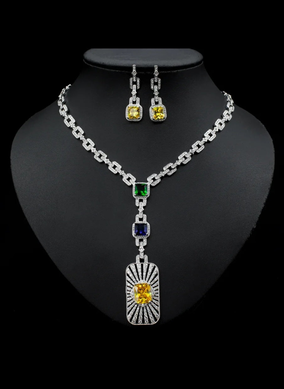 Pale Yellow blue Green Tourmaline Swarvoski Necklace Set