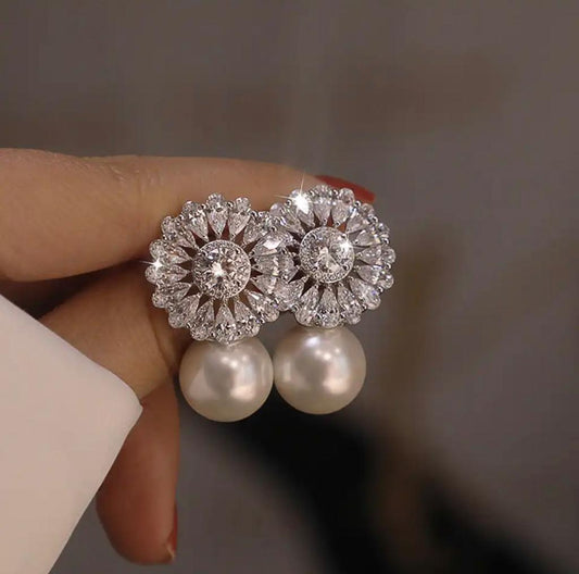 Pearl Drop Flower Studs